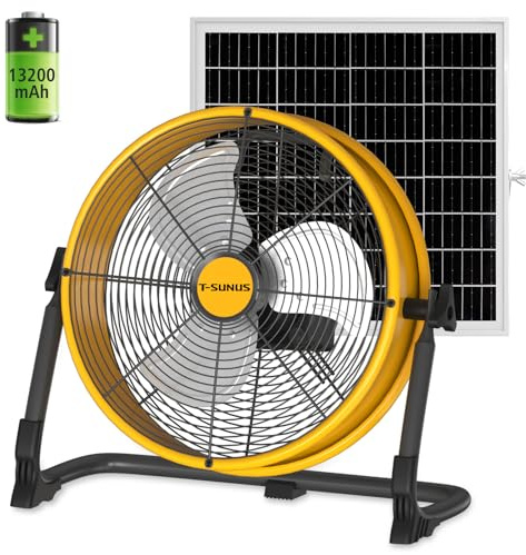 T-SUNUS 12 Solar Floor Fan with 20W Panel & 13200mAh Battery for Camping | 1500 CFM Strong Airflow, 4.5-27H Runtime, USB Phone Charging, 360° Tilt, for Patio, Garage, Shed, Tent, RV, Outdoor