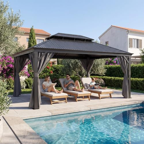 JUMMICO Pavillon 3,65 x 4,85 m Wasserdicht Stabil Winterfest,Hardtop Pavillion mit Doppeldach,Gartenpavillon mit Vorhängen und Moskitonetzen,Pavilion für Hinterhöfe, Gärten und Rasenflächen, Grau