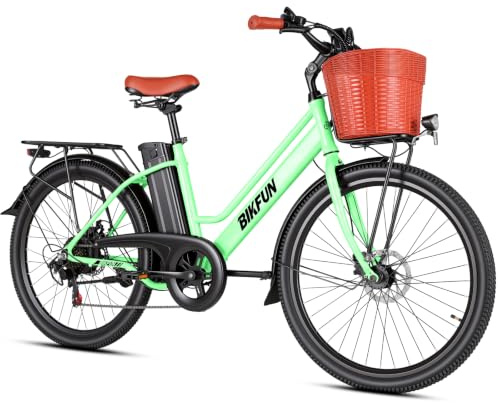 ANCHEER Vélo électrique 26 pour adulte, 7 vitesses avec batterie amovible 36 V 10,2 Ah, 25 km/h et portée de 70 à 100 km, avec panier pour les trajets urbains, hommes et femmes, vert