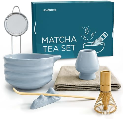 Lemontree Matcha Set - 7-teiliges Matcha Tee Set mit Bambus Besen, Keramik Schale, Matcha Löffel & Sieb - Lebensmittelecht, Spülmaschinenfest, Geschenkbox - Für Matcha-Liebhaber, Matcha Zubehör Set