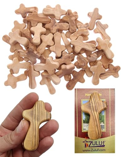Zuluf 50 kleine Handkreuze aus Olivenholz Bethlehem Factory | Holzmeditation Handkreuz aus Olivenholz aus Bethlehem Israel | 6 cm je Kreuz & 50 Zertifikate des Heiligen Landes CRS098