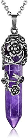 JSDDE Vintage Silver Flower Wrapped Natural Amethyst Healing Crystal Pendant Necklace
