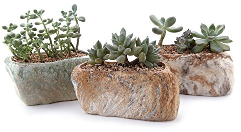 T4U 5.5 Inch Ceramic Succulent Pot Planter with Drainage Hole Set of 3, Stone Shape Rectangle Window Box Cactus Plant Containers Gift for Mom Sister Aunt Best for Home Office Table Desk Decoration
