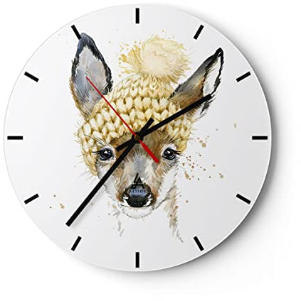 Modern Wanduhr Tier Hut Hirsch modern 30x30cm Rund Klein Wand Uhr Glas Analog Zimmeruhren Küche Büro Wohnzimmer Glasuhr Wall Clock Dekoration Design Wanddekoration Küchenuhr C3AR30x30-2861