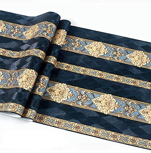 prior.choice 9.5X0.53M Retro AB Vintage Damask Stripes Waterproof Deep Embossed Textured PVC Wallpaper Roll for Bedroom Livingroom 1.73' W x 31.2' L=5.035㎡ (54sq.ft) (B Dark Blue Stripe)