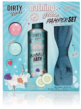 Dirty Works Bathing Grace Verwöhn-Geschenkset, entspannendes veganes Spa-Set mit Schaumbad, Badesprudeln, Stirnband & kühlenden Augenpads, ultimatives Bade- & Körperpflegegeschenk
