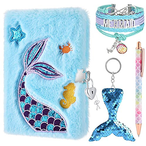 Meerjungfrau Notizblöcke Set - Glitzer Tagebücher für Kinder Stickmuster Journal Schulreise Notizblock Kugelschreiber Schlüsselringe Armbänder Schlösser Schlüssel Weihnachts Geburtstag Geschenk