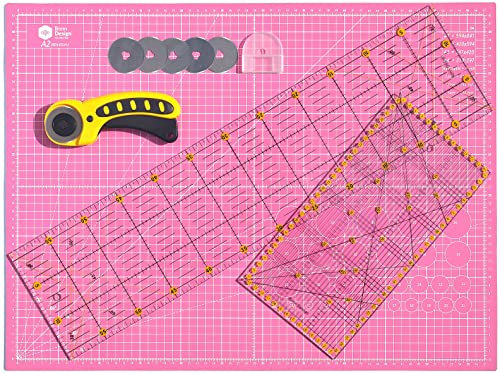 45 mm Rollschneider Stoffschneider Set inkl. selbstheilende Schneideunterlage A2 60x45cm 5-Lagig + 5x Ersatzklingen + 2x Patchwork-Lineal Premium Schneidematte im A2-Format Rosa/Schwarz Starter Set