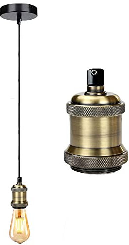 Vintage Pendant Light Fitting,Industrial Antique Brass Ceiling Rose, with Adjustable 1.5m Braided Cable E27 Lamp Holder,Suspended Ceiling Pendant Light Fitting-Antique Brass (Antique Brass)