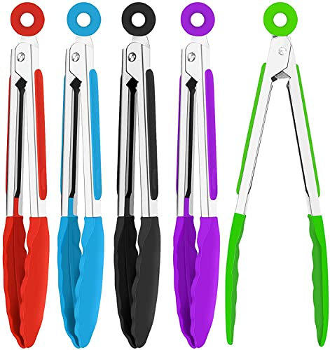 7 Inch Silicone Small Tongs Set,Mini Kitchen Tongs with Silicone Tips Food Tongs Stainless Steel Cooking Tongs for Salad,Grilling,Frying and Cooking (Blue,Green,Red,Purple,Black,5 Pieces)