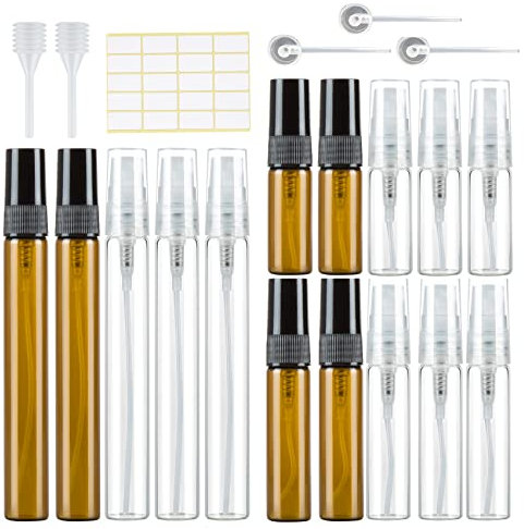 15 atomizadores de perfume vacíos, botella pulverizadora de cristal pequeña para rellenar, mini bolsas de perfume, rellenables, muestras de perfume para viajes, 3 ml/5 ml/10 ml, ámbar transparente con