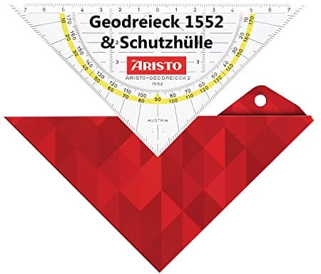 Aristo AR18000B Geodreieck AR1552 mit passender Geocover Schutzhülle basic (Dreieck Hypotenuse 16 cm, Tuschenoppen und Facetten, Hülle mit Lochung zum Abheften) rot, transparent