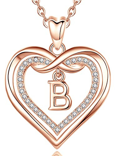 AEONSLOVE Heart Letter Necklace for Women Personalised B Initial Pendant with Cubic Zirconia Rose Gold Name Necklace Jewelry Gift for Girls Friends Ladies