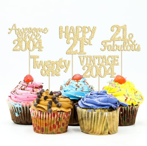 Gyufise 30Pcs Happy 21st Cupcake Toppers Glitter Twenty-One Vintage 2004 Cupcake Picks Cheers to 21 Years Birthday Cake Decorations for Happy 21st Birthday Anniversary Party Supplies Gold