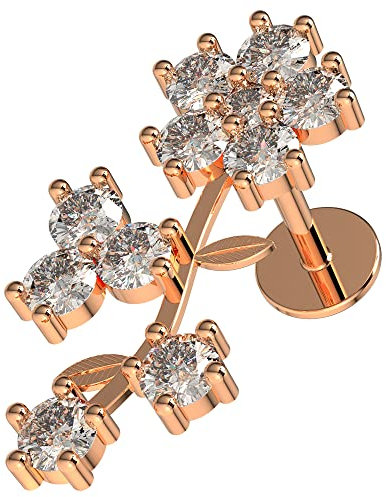 AZARIO LONDON Rose Gold Cz Stone Flower with Leaf Labret-Cartilage-Tragus Earring/Helix Stud/Conch Piercing Stud- Surgical Steel Stud - 16 Gauge Labret