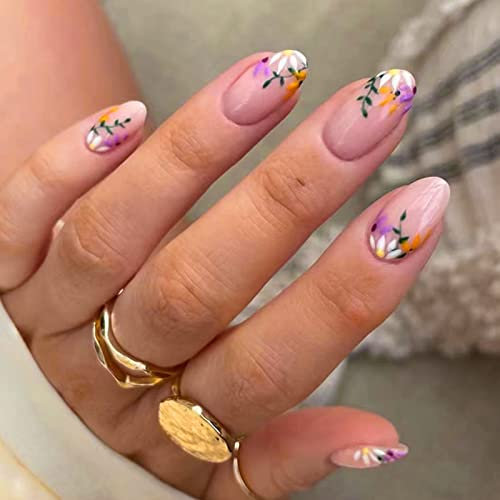 24Pcs Flower Press on Nails Short, Almond Fake Nails French Tip Glossy Nude False Nail with Elegant Purple Flower Design, Acrylic Full Cover Glue on Nail for Women and Girls