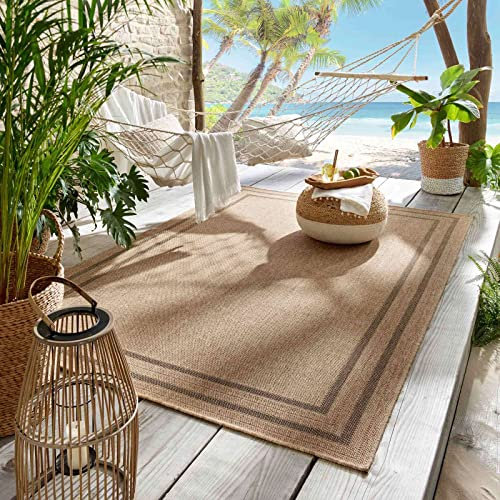 Outdoor & Indoor Teppich für Wohnzimmer Balkon Terrasse wetterfest Borneo Sisal-Jute-Optik naturfarben beige Bordüre schwarz 067x180 cm