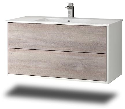 Stil.Zeit Evelia Badmöbel inkl. Waschbecken | Waschtisch mit Unterschrank 100.5 cm | Weiß/Dekor Eiche Grau| Push-to-Open/hängend