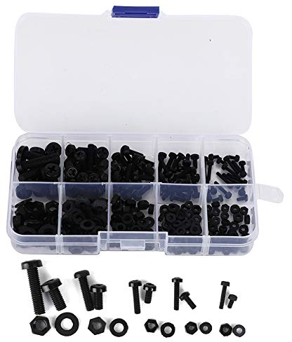 270 Stück Nylon Schraube Mutter Set, M2/M2.5/M3/M4/M5 Nylon Sechskantmutter Kits Schraubenmutter-Unterlegscheiben Hardware-Befestigungselemente für (Schwarzer 270-teiliger