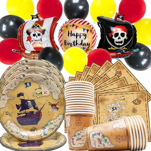 Doyomtoy 75 Stück piratenparty-geschirr Piratenparty Geburtstag Deko Set piraten party ballon dekoration deko piratenparty kindergeburtstag Teller,Servietten,Pappbecher,Luftballons(für 20 Gäste)