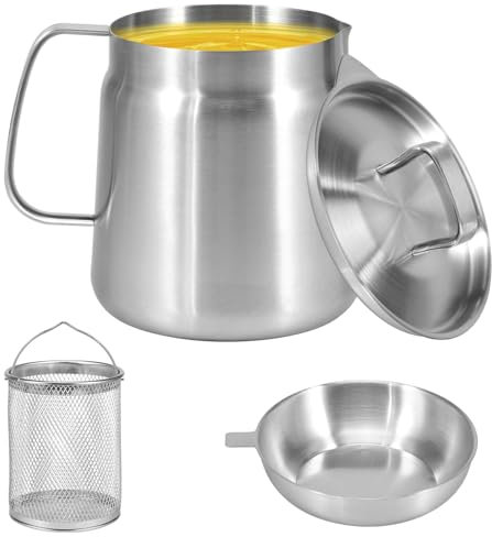 Passoire à bacon en acier inoxydable avec filtre en maille et panier, réservoir de filtre à huile de friture, récipient anti-poussière pour stocker l'huile de friture et la graisse de cuisson (2 L)