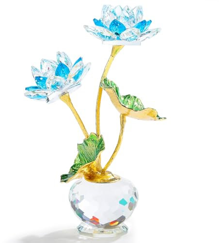 Qianwei Kristallblaue Lotusblume mit Stielen – Glasdekor Lotusblume mit Vasen, Heimbüro-Dekoration – Kristallgeschenke für Mutter, Freundin, Schwestern, Chef zum Geburtstag, Muttertag, Valentinstag