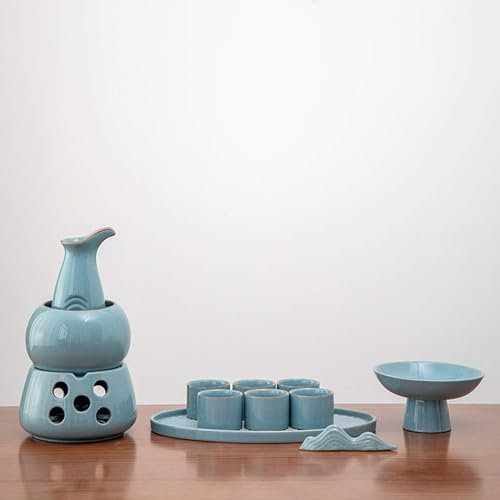 Set per sakè con scaldavivande, Set per sakè Caldo Tradizionale in Ceramica da 12 Pezzi, Incluso 1 fornello per Candele, 1 Tazza riscaldante, 1 pentola per sakè, 6 Tazze per sakè, 1 Vassoio, 1 poggia