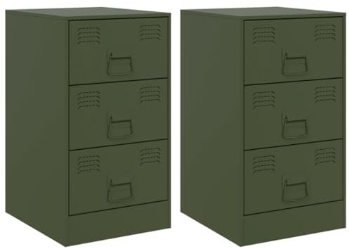 vidaXL Nachttisch 2 STK., Nachtschrank 3 Schubladen, Nachtkonsole Nachtkommode für Schlafzimmer, Nachtkästchen Schlafzimmer Schrank Kommode, Olivgrün Stahl