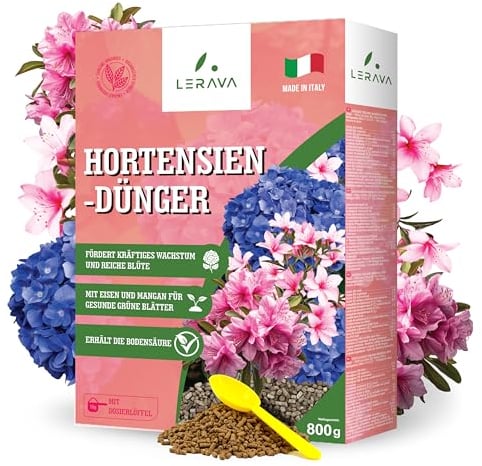 LERAVA® Abono hortensias [BIO] - 800g - abono para hortensias rododendros, azaleas, camelias, gardenias - Mantiene terreno ácido - Crecimiento vigoroso y floración abundante - Fertilizante hortensias