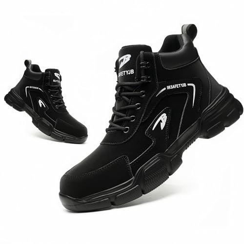 ZSDZSZ Steel Toe Cap Boots Mens Waterproof Safety Boots Women Lightweight Safety Trainers Non Slip Work Boots, Black, UK 9