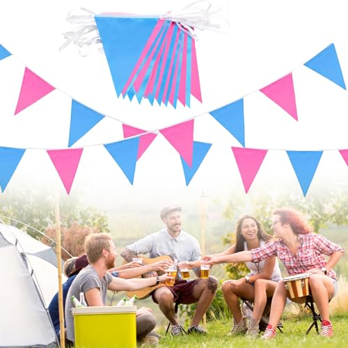 Calkrer Rose Et Bleu Drapeau Bannière Réutilisable, 26 pcs. Drapeaux de fanions étanches pour l'extérieur. Longueur totale de 10 mètres. Pour la décoration d'anniversaire.