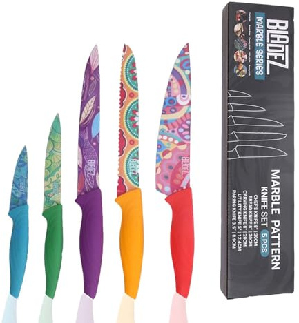 Bladez Professional Kitchen Knife Set, 5 Pcs Stainless Steel Kitchen Knives Set with Ultra Sharp Blade and Soft Handle, Includes Chef, Bread, Carving, Utility and Paring Knife, All in a Gift Box