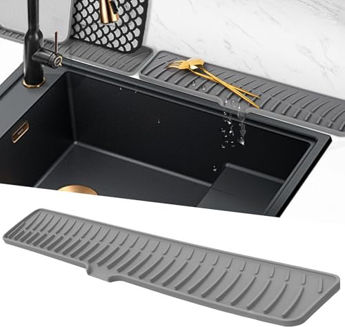 Volminex Silicone Faucet Mat for Sink, Narrow Kitchen Sink Splash Guard, Faucet Handle Drip Catcher Tray, Draining Mat for Sink Protector, Tap Drain Mats for Kitchen Bathroom Counter (Grey, 60 cm)