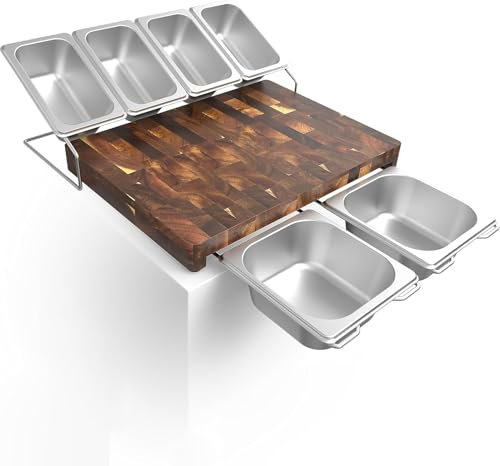Akazienholz-Schneidebrett mit integrierter Auffangschale - XL 42x30x4 cm, Inklusive eines Einzelständers, zwei Einbauhalterungen und sechs Edelstahl-Küchenaufbewahrungsboxen