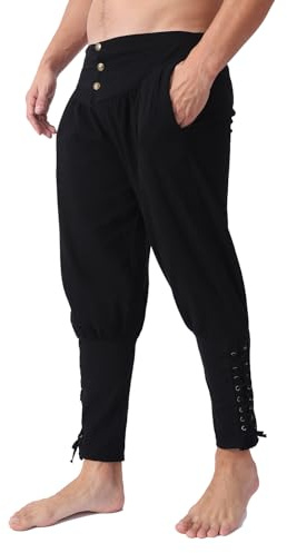 Men's Ankle Banded Pants Medieval Viking Navigator Pirate Costume Trousers Renaissance Gothic Pants, Black-button, Medium