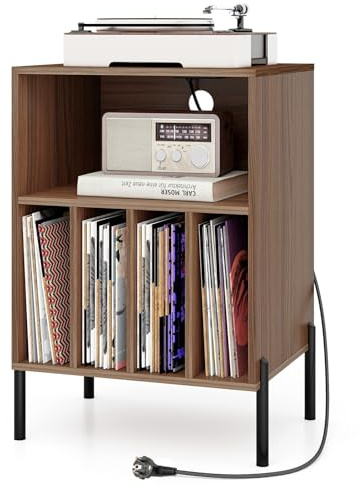 COSTWAY Plattenspieler-Ständer mit Ladestation, Vinylplatten Plattenspielertisch mit Regal & 4 Trennwänden & Metallbeinen, Schallplattenständer Beistelltisch, Wohnzimmer Büro, 53x45x78,5cm (Braun)