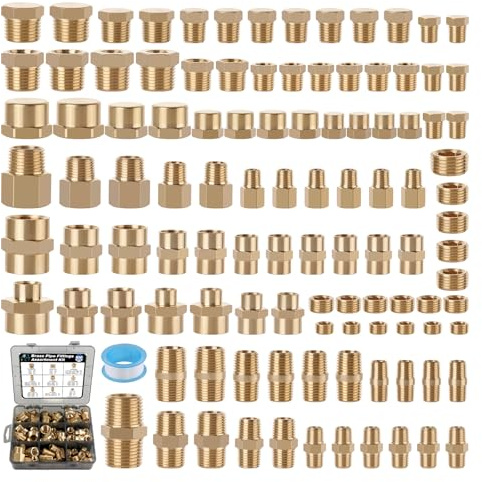 Ailbiuko 106PCS Brass Pipe Fittings Assortment Kit NPT Extension Adapter,Reducer Bushing,Hex Nipple,Close Nipple,Reducing Hex Coupling,Hex Head Plugs,Hex head Cap,Socket Plug Kit