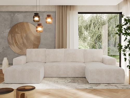 MKS MEBLE Sofa Beige mit Schlaffunktion - Ecksofa mit Schlaffunktion und Bettkasten - Couch - Schlafsofa mit Bettkasten - Trentino U - Beige Cord