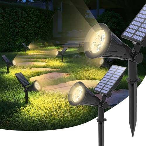 T-SUN Faretti Solari da Esterno 2 Pezzi, 4000K Faretti Solari a LED da Esterno 2 Modalità di Luminosità, Lampioncini Solare da Giardino IP65 Impermeabile per Cortile, Patio, Vialetto, Alberi, Piscina