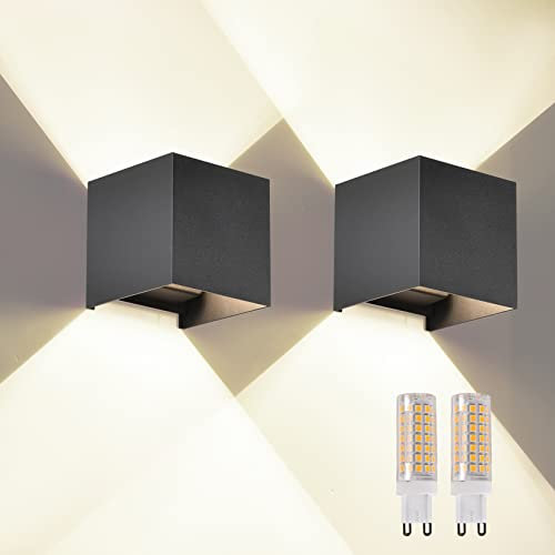 FUPE 2 Stück Wandleuchte Aussen Innen LED G9 Austauschbarer Lampe Wandlampe Aussen Außenwandleuchten Modern Schwarz 4000K IP65 Wasserdicht quadratisch Aluminium Wandleuchte Passen Sie den Lichtwinkel