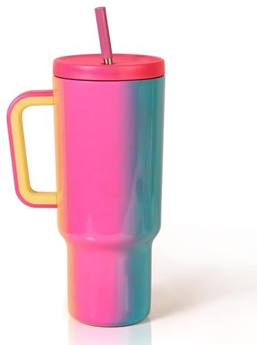 Tuocal 40oz Tumbler with Straw Lid and Handle, 1180 ml Double Wall Vacuum Insulated Cup, Car Coffee Mug, Travel Water Bottle for Hot Iced Coffee (Carnival)