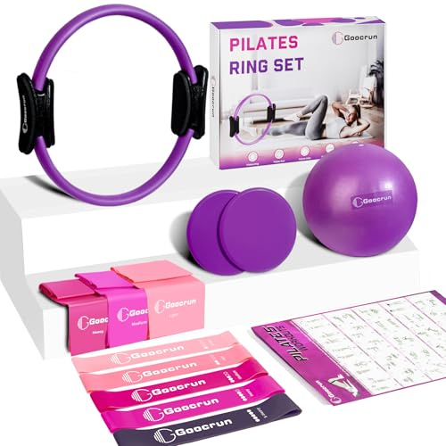 Goocrun Set di anelli per pilates, con fasce di resistenza, palla per pilates, dischi scorrevoli, portatile, con poster guida fitness