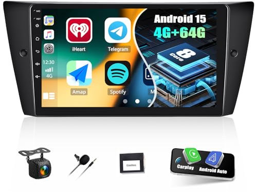 CAMECHO Qualcomm 8 Core 4G+64G Android 15 Autoradio para BMW 3ER E90 E91 E92 E93 (2005-2011),2 DIN Radio con 9'' Touchscreen Soporta CarPlay,Dual WiFi,GPS,Bluetooth5.1, Dolby/Hi-Res+Cámara Trasera