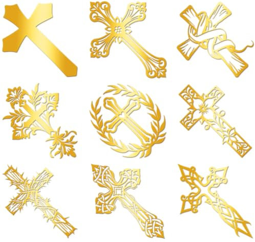 Hobbspring 9 Stück Goldene Selbstklebende Aufkleber 4cmx4cm Kreuz Metallaufkleber Vintage Glaubenskreuz Wasserdicht Dekorationsaufkleber Für Sammelalben DIY Harzbasteleien Telefonflaschendekoration