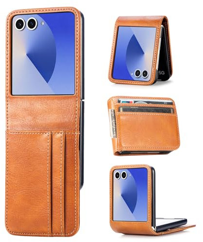 ZCDAYE Étui de protection pour téléphone portable Samsung Galaxy Z Flip 7 avec compartiment pour cartes - En cuir robuste - Pour homme et femme - Portefeuille - Marron