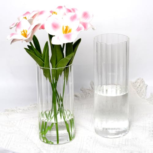 Yuraigm Glasvase Gerippte Vase für Blumen, 20cm Hoch Blumenvasen für Tulpen, Geriffelte Durchsichtige Vasen für Wohnzimmer Esszimmer Schlafzimmer Regal Büro Couchtisch Hochzeit Geburtstag Party Deko