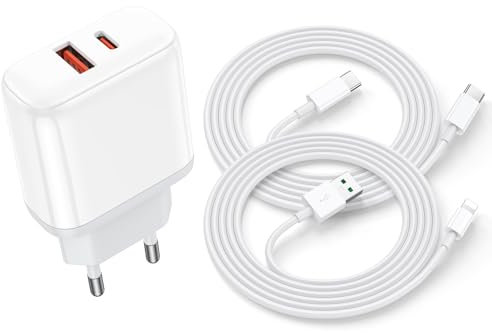 iPhone Ladekabel Schnellladekabel, 20W USB C Ladegerät Ladekabel mit iPhone 16e 16 Pro Max/15/14/13/12/11/XR/XS/X/8 Plus Schnellladekabel mit Light-ning Kabel + USB C Kabel [2Pack 2M] 2 Ports Netzteil