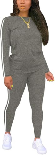 BNGPIKLY Martial Arts Legging Sets for Women 2 Piece Workout Colorblock O Neck Long Sleeve Top and Pants Gray L