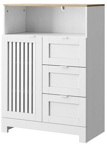 Smart FENDEE Badezimmerschrank mit Lamellentüren, schlanker Badezimmerschrank, Seitenschrank, Schrank mit Vier Schubladen, Schranktüren, verstellbare Einlegeböden, 30 x 60 x 86 cm, weiß