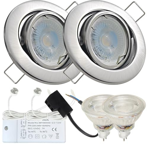 Generisch LED Einbaustrahler 12V schwenkbar – 2er Set mit 120 cm Zuleitung pro Spot, AMP-Stecksystem & Trafo, 3W MR16 Neutralweiß, 55 mm Einbautiefe – ideal für Decken im Wohnbereich, Küche und Flur